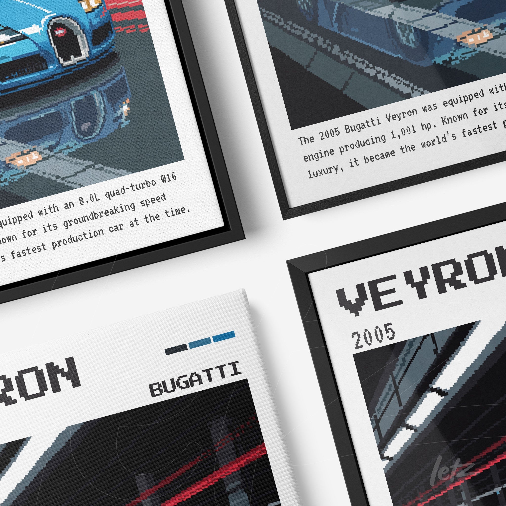 set of frames featuring retro digital art of Bugatti Veyron car with text details and black frames