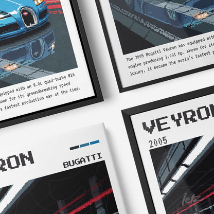 set of frames featuring retro digital art of Bugatti Veyron car with text details and black frames