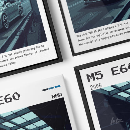 square arrangement of digital artwork featuring the BMW M5 E60 with black and white frames