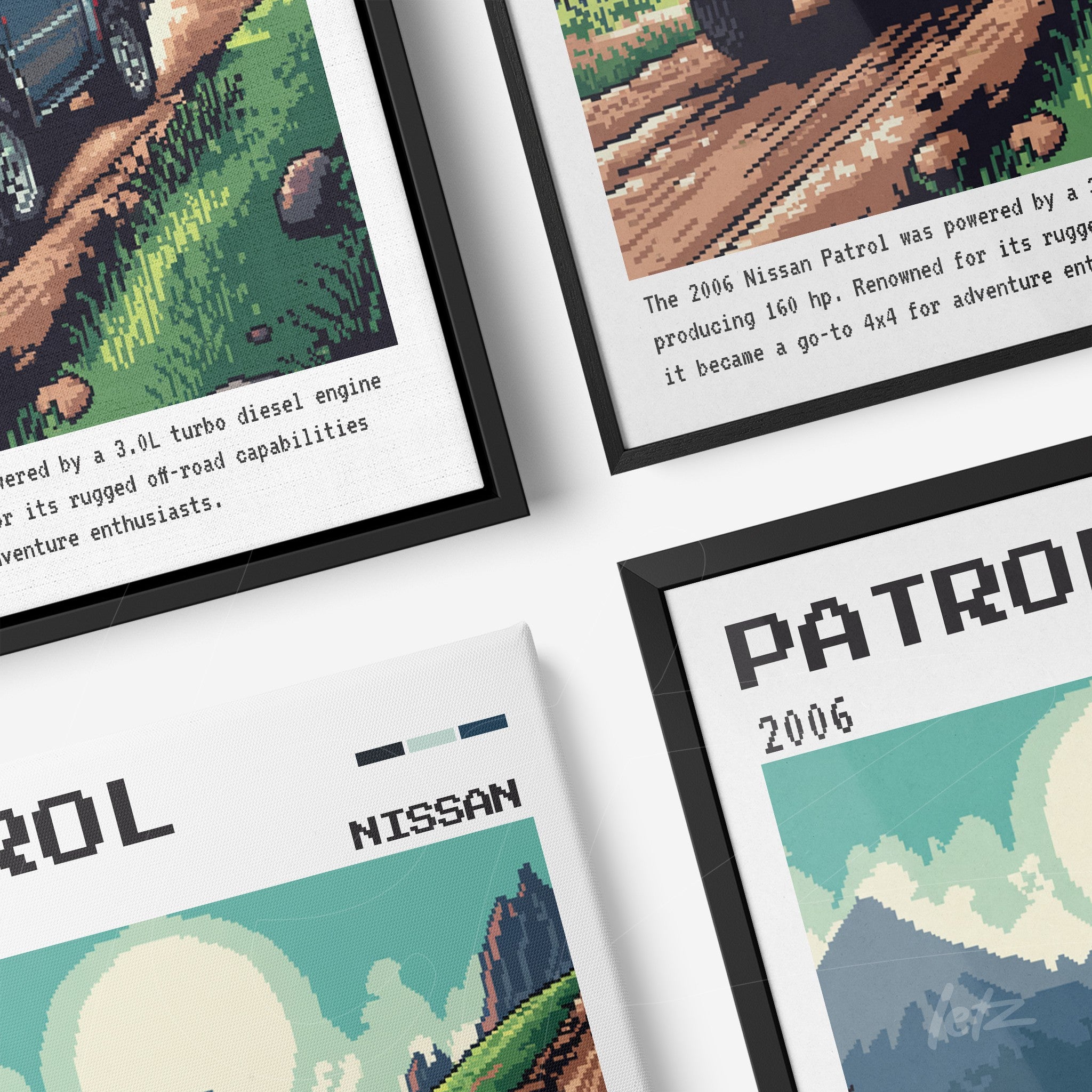 collection of framed pixel art illustrations of 4x4 vehicles featuring 2006 nissan patrol in black frames