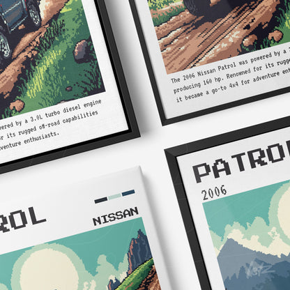 collection of framed pixel art illustrations of 4x4 vehicles featuring 2006 nissan patrol in black frames