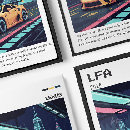 set of framed wall art featuring vintage style illustration of the Lexus LFA car with black frames and vibrant blue and orange details