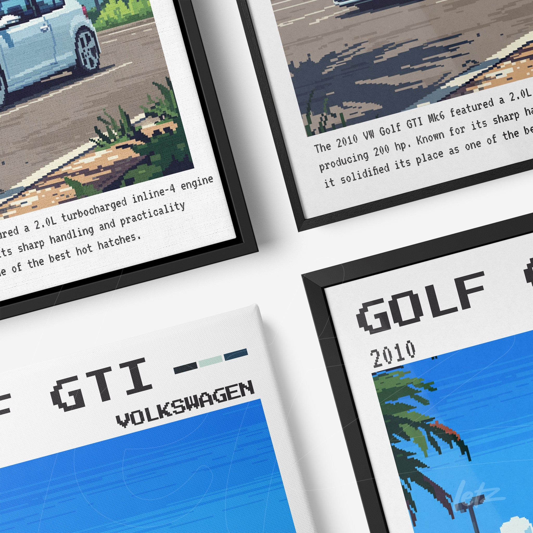 framed wall art featuring a vintage pixel art Volkswagen Golf GTI, showcased in black frames with a light background