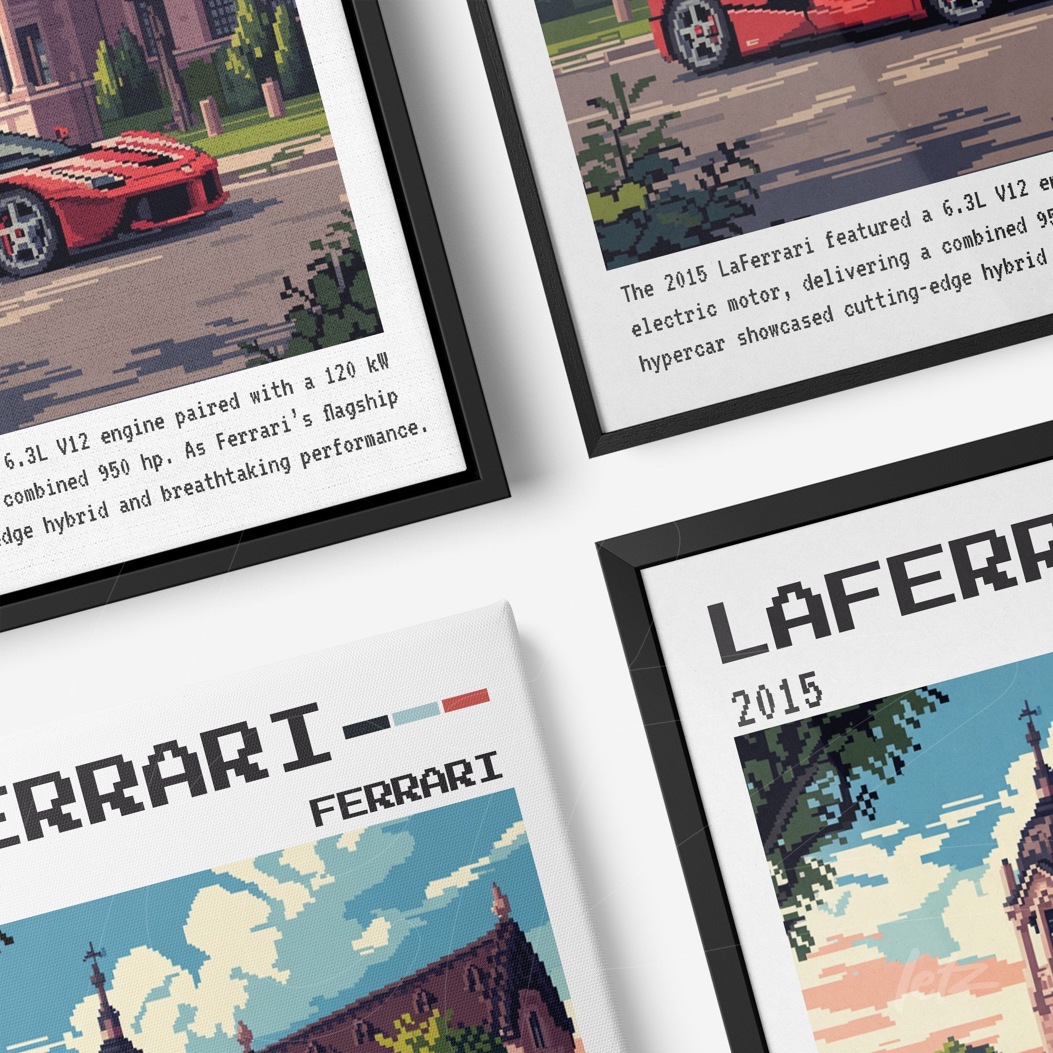 collection of pixel art framed prints featuring the LaFerrari car with black and white frames