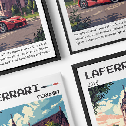 collection of pixel art framed prints featuring the LaFerrari car with black and white frames