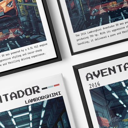 set of four decorative frames showcasing the lamborghini aventador sv from various angles, featuring black and white frames