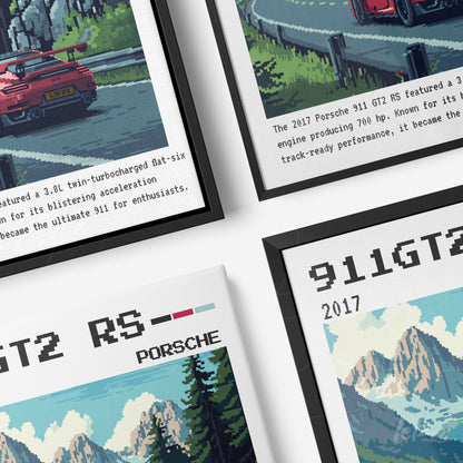 framed pixel art collection of Porsche 911 GT2 RS and 911 GT3 RS, featuring black and white frames showcasing the designs