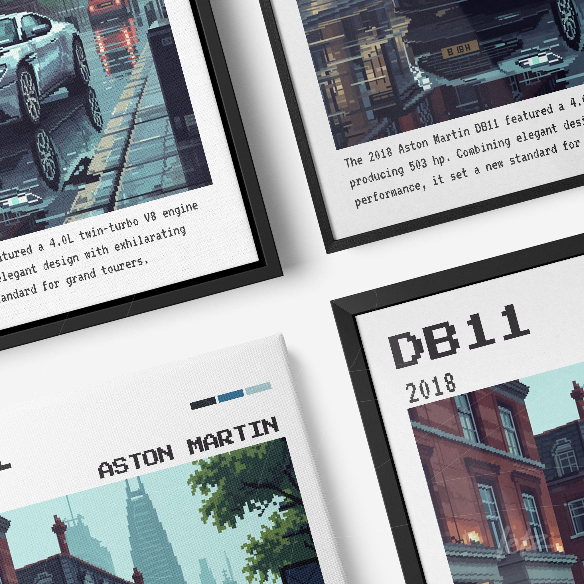 set of framed wall art featuring digital illustrations of the Aston Martin DB11 with black and white frames