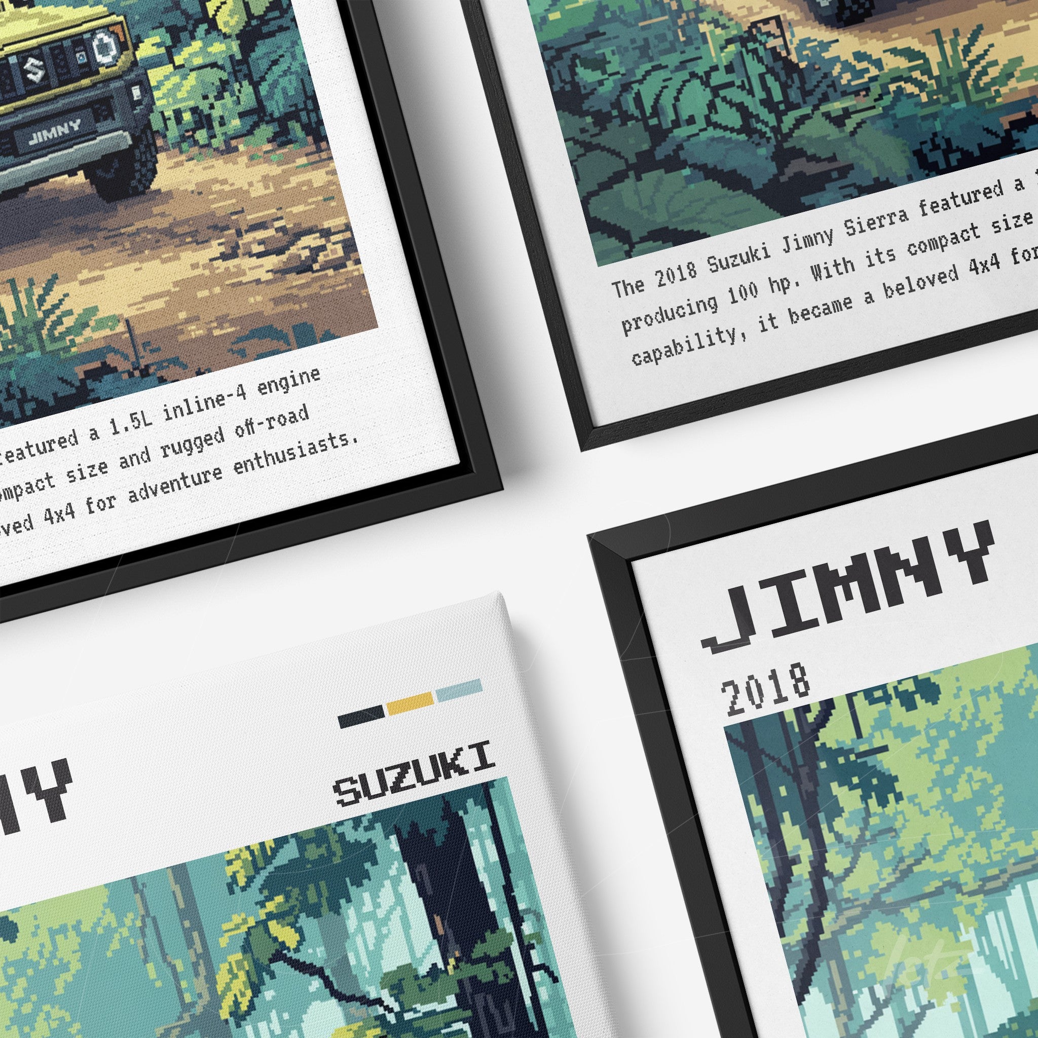 composition of digital framed wall art featuring a pixel art Suzuki Jimny with black and white frames
