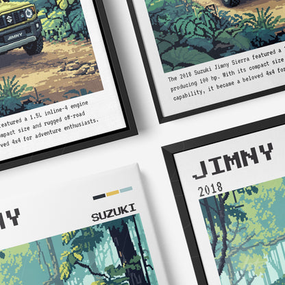 composition of digital framed wall art featuring a pixel art Suzuki Jimny with black and white frames