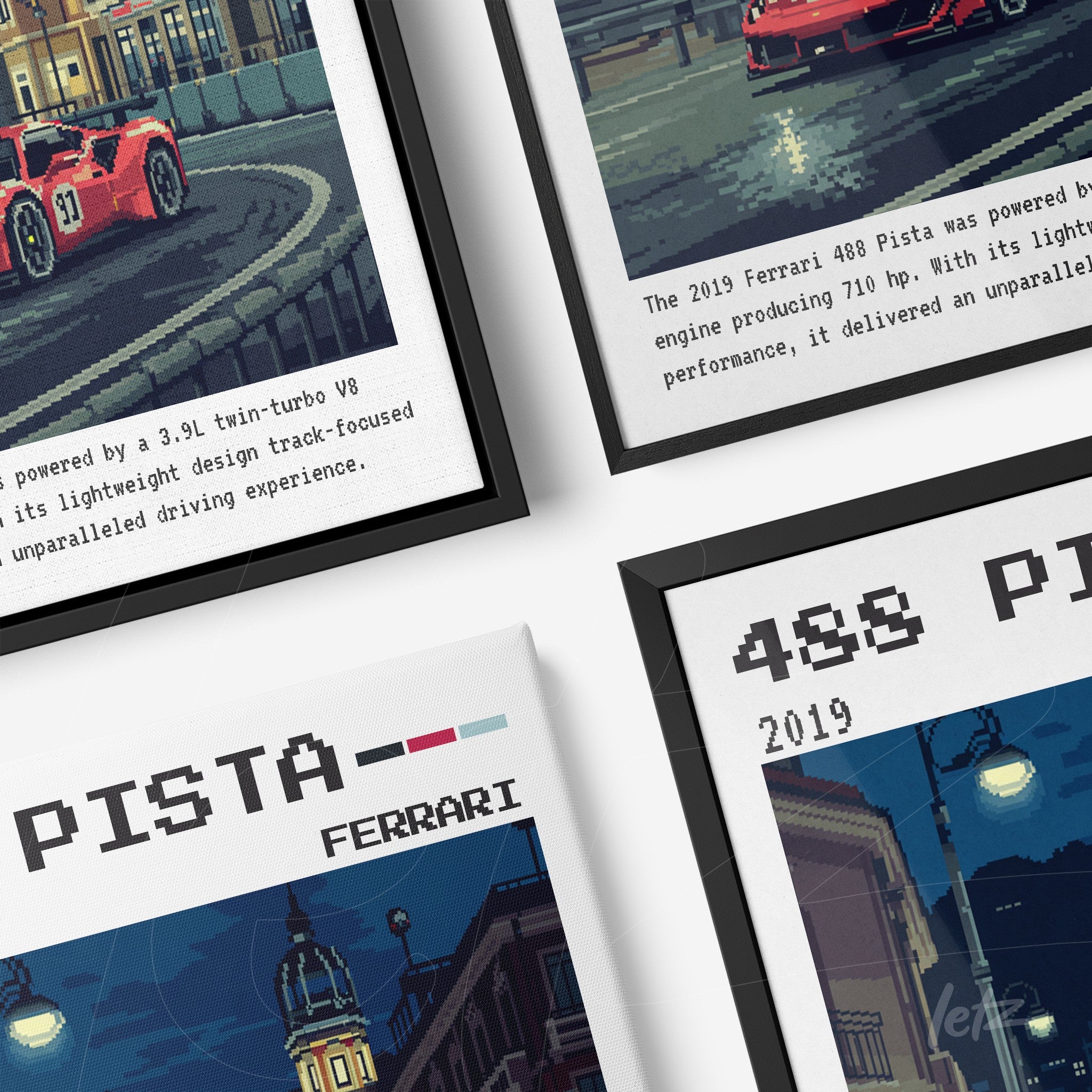 collection of framed wall art featuring the Ferrari 488 Pista in black and white frames, showcasing a European city backdrop with graphic details