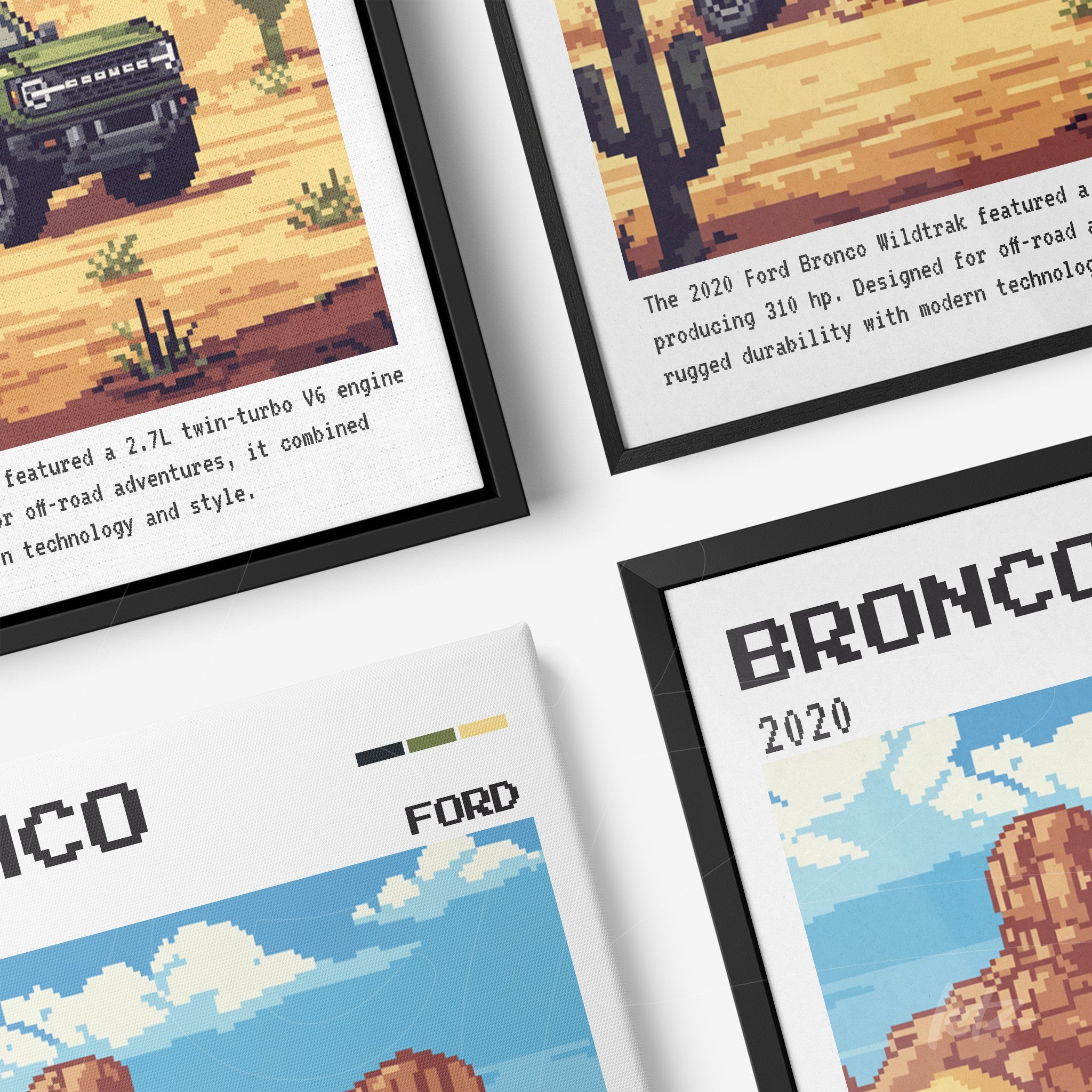 collection of framed digital art featuring the Ford Bronco in retro style with black and white frames and desert background