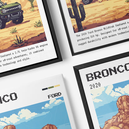 collection of framed digital art featuring the Ford Bronco in retro style with black and white frames and desert background