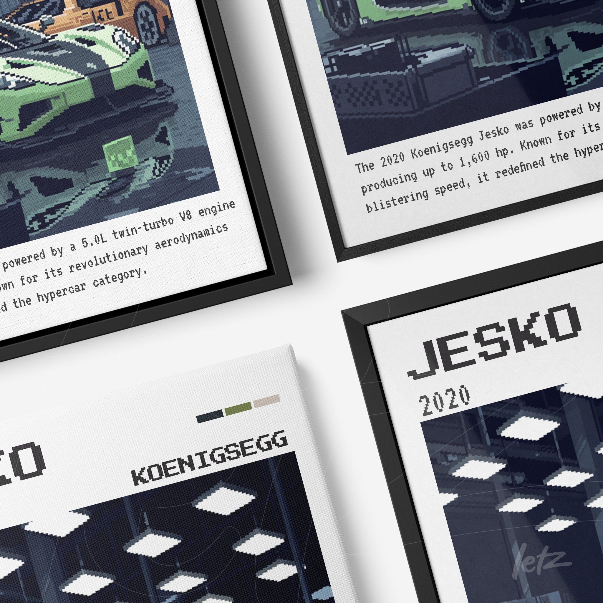 collection of framed pixel art illustrations of Koenigsegg Jesko cars, featuring black frames and a light background