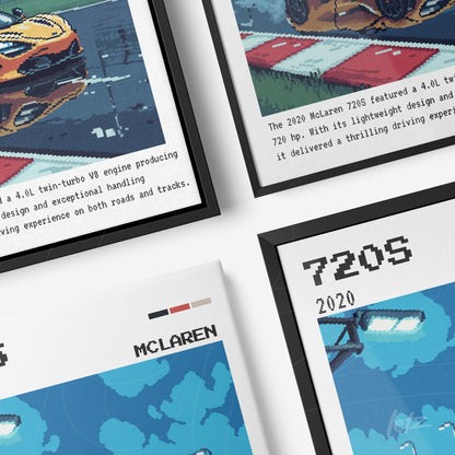 collection of framed pixel art featuring the McLaren 720S with information about the car's design and performance on a blue background