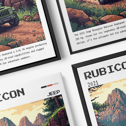 composition of framed wall art featuring pixel art of the 2021 Jeep Wrangler Rubicon with black and white frames, highlighting vehicle details and a mountainous landscape