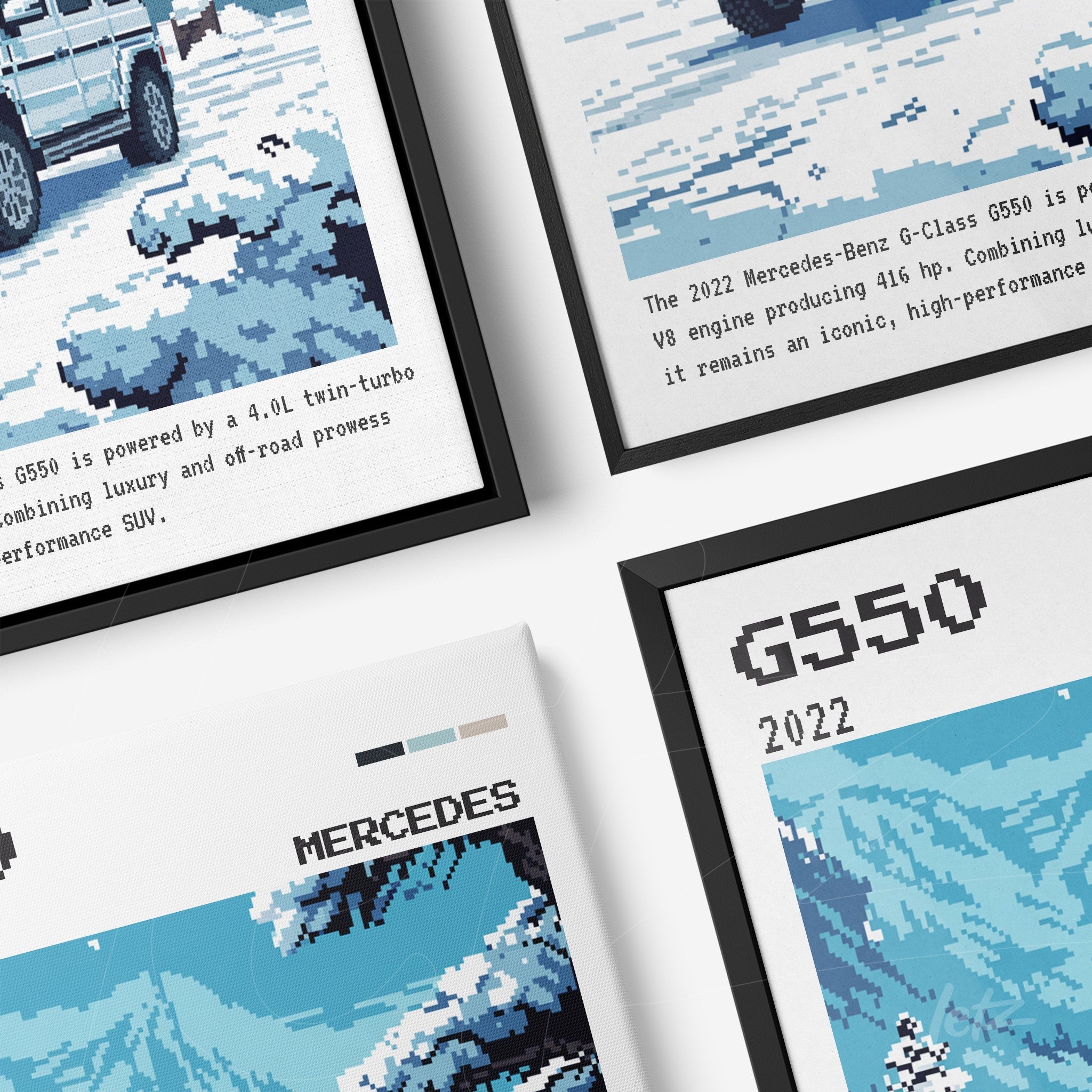 collection of framed pixel art depicting the Mercedes-Benz G550 in black and white frames with blue background