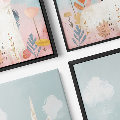 collection of framed wall art featuring delicate illustrations of unicorns and flowers in black frames