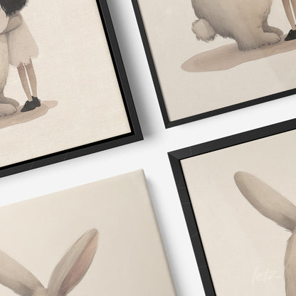 arrangement of wall art featuring illustrations of a girl beside a large rabbit, black frames, soft backgrounds, and subtle textures