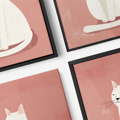 series of framed wall art featuring minimalist illustrations of cats on soft pink background with black frame