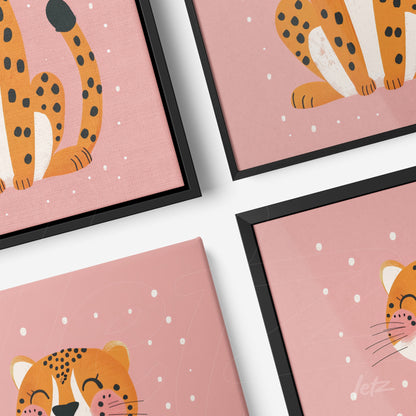 collection of framed wall art featuring leopard illustrations on pink background with black frames
