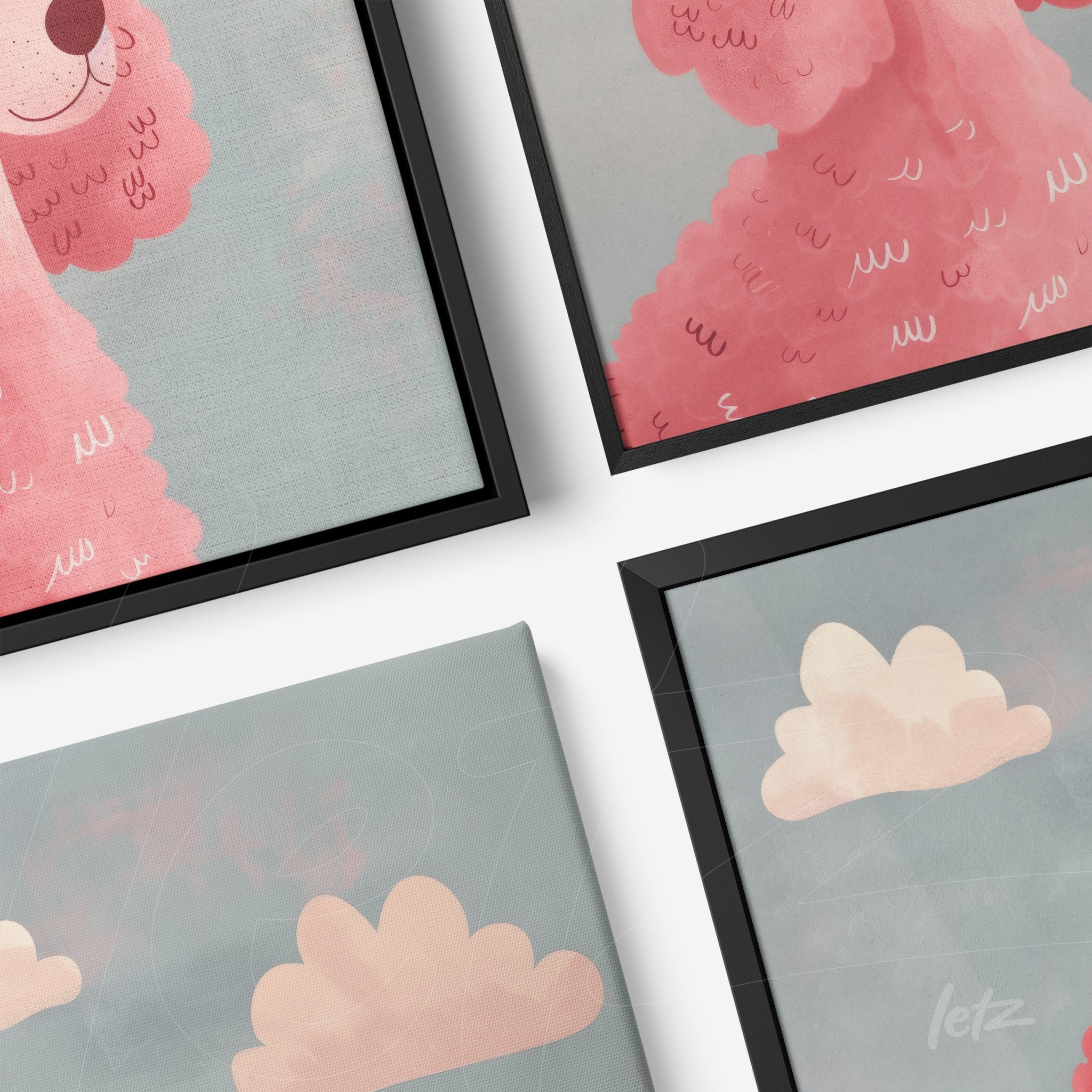 composition of framed artworks featuring a pink dog illustration on soft background and delicate clouds with black frames