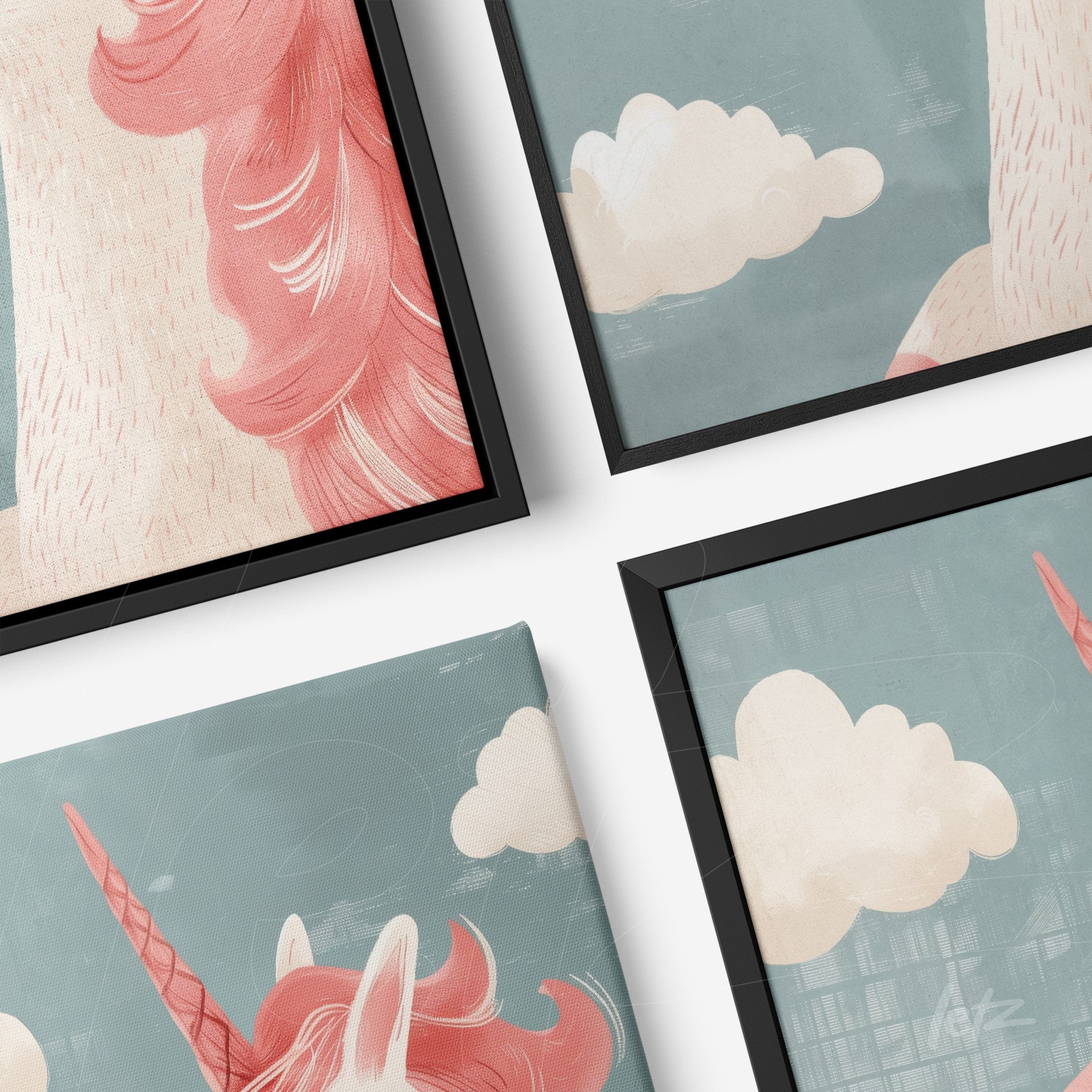 collection of framed wall art featuring stylized unicorns against a blue background with clouds, framed in black