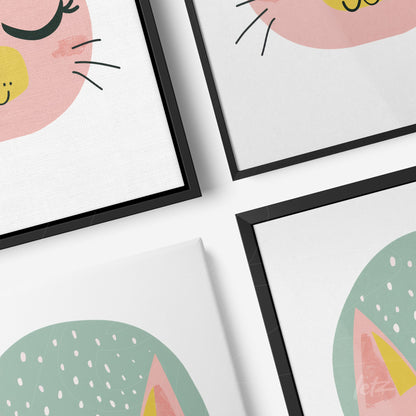 composition of framed artwork featuring minimalist cat illustrations with black frames and light background