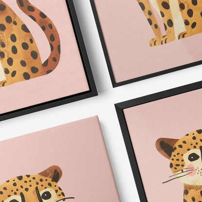 collection of framed wall art featuring illustrations of cats and leopards on pink background with black frames