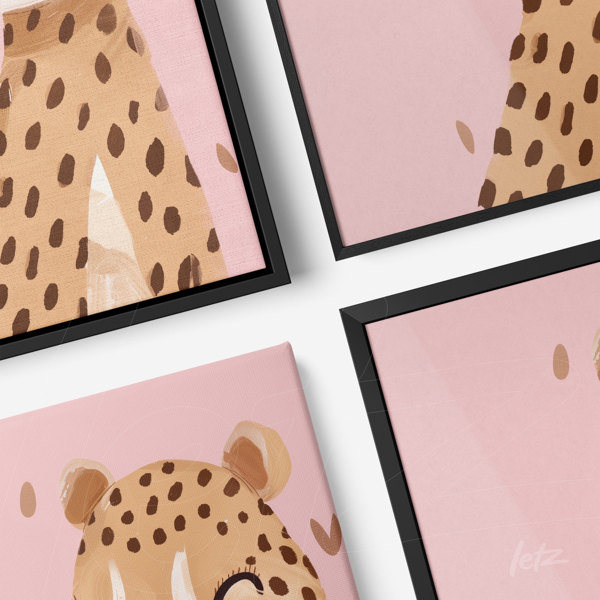 collection of framed wall art featuring cute leopard illustrations with black frames on pink background