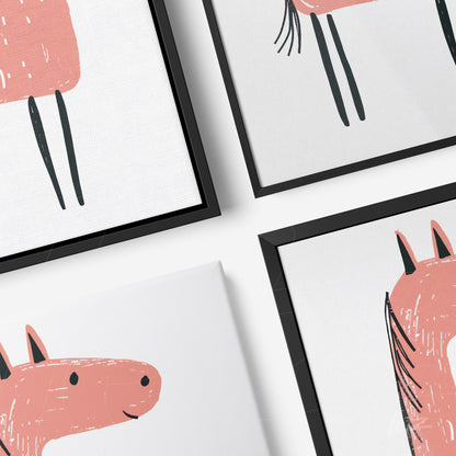 set of framed artworks featuring minimalistic illustrations of a pink horse and a human figure in black frames