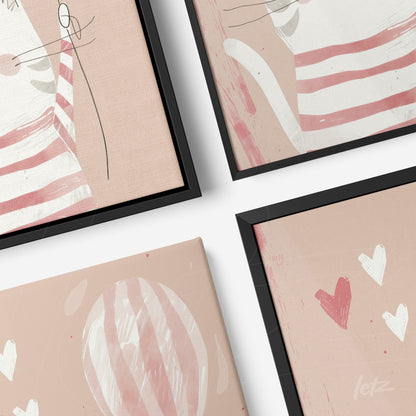 collection of wall art featuring minimalist illustrations of cats, hearts, and balloons in shades of pink with sleek black frames