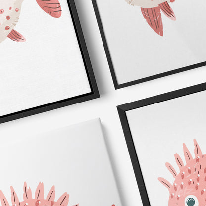 composition of framed wall art featuring pink fish illustrations with thin black frames
