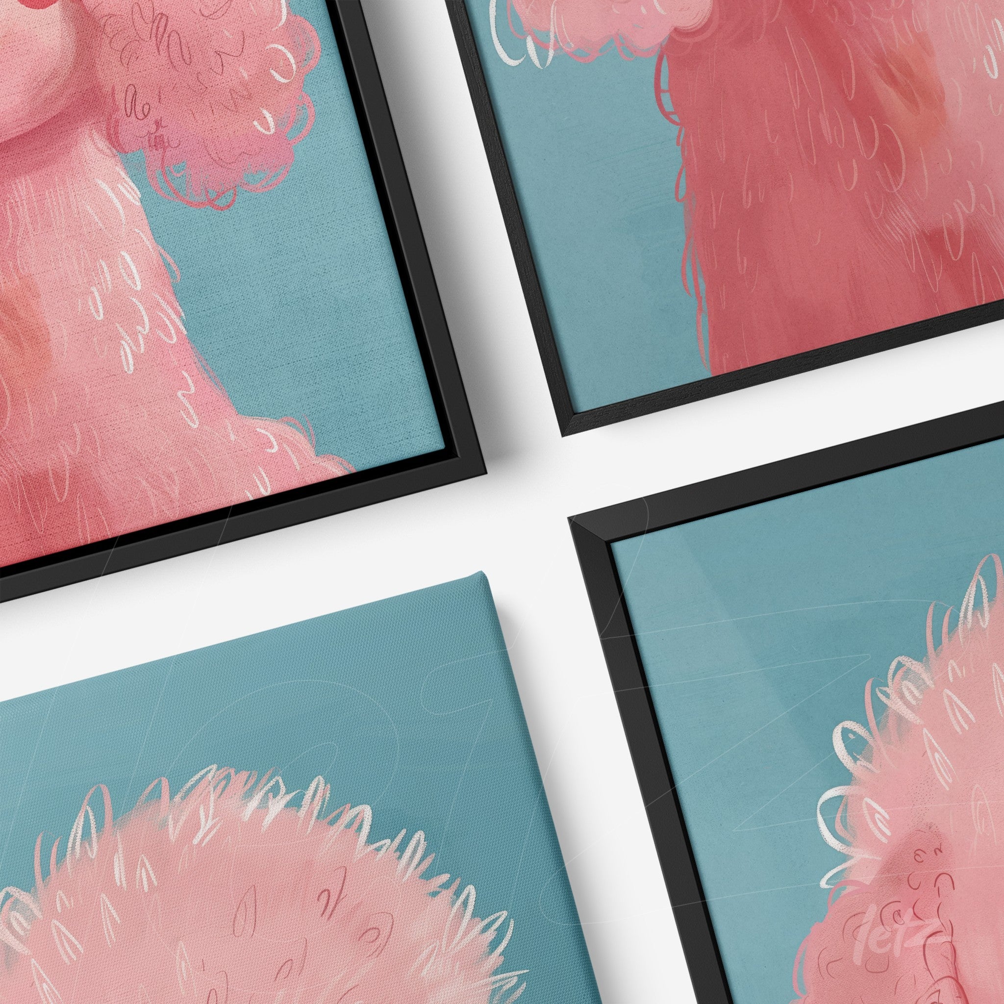 series of framed wall art featuring pink poodles on blue background