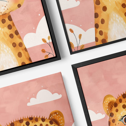 collection of frames featuring jaguar illustrations on pink background, some with black framing
