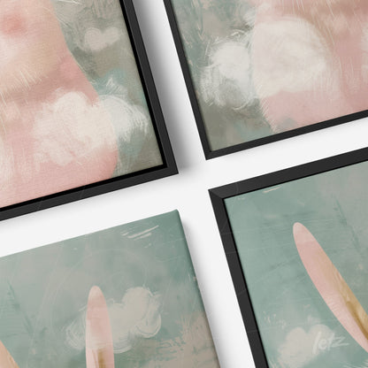 composition of framed wall art featuring abstract design in soft pink and green tones with thin black frame