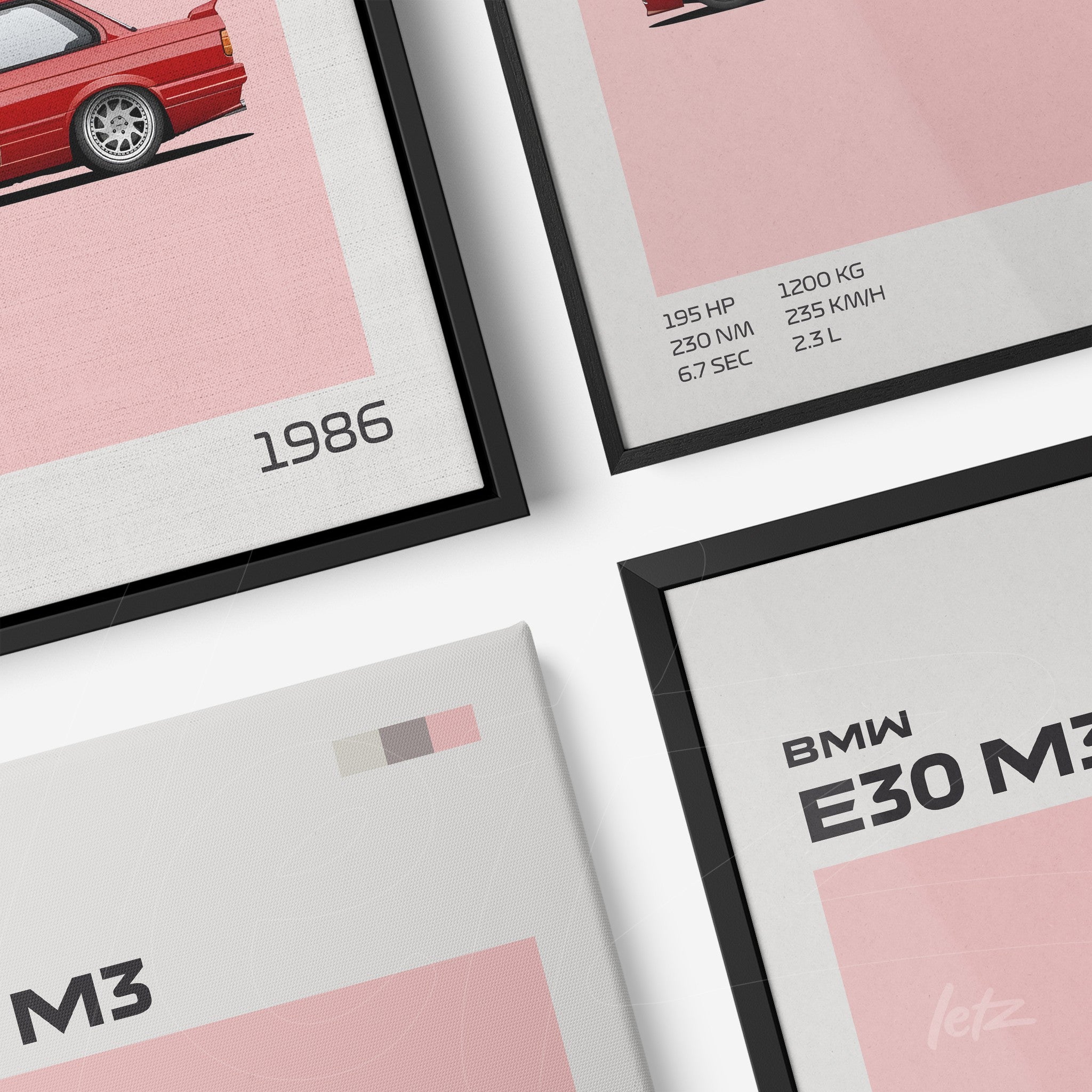 collection of framed artworks featuring minimalistic illustrations of BMW E30 M3 with pink background and graphic details