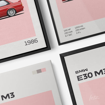 collection of framed artworks featuring minimalistic illustrations of BMW E30 M3 with pink background and graphic details