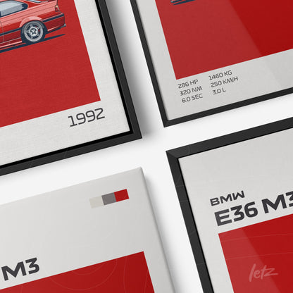 composition of decorative wall art featuring the BMW E36 M3 in graphic and minimalist styles with a black frame and canvas on red background