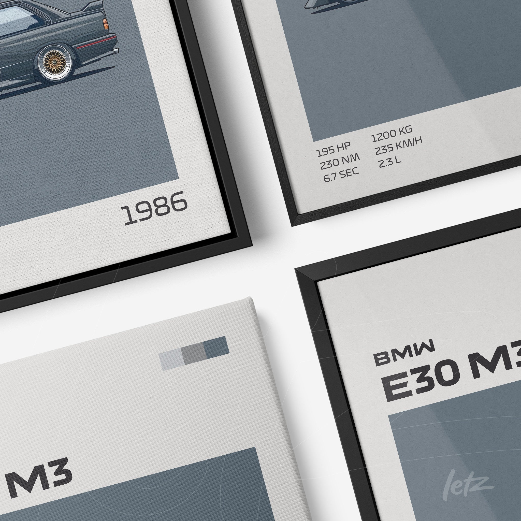 minimalist wall art of BMW E30 M3 car in two frames, one black and one natural, featuring blue background and details about vehicle specifications