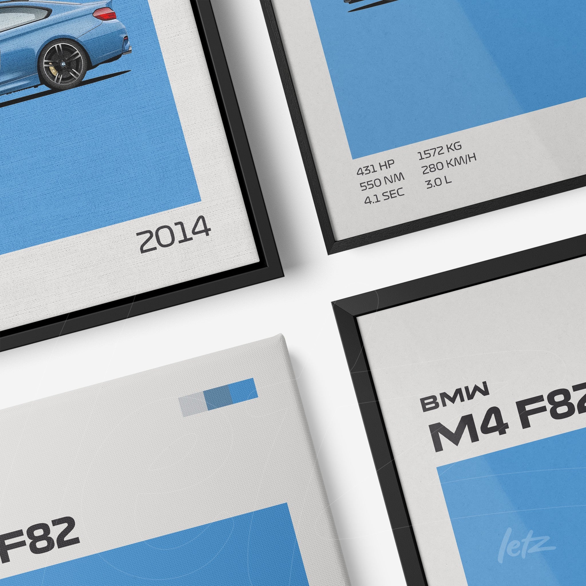 collection of framed wall art featuring a minimalist illustration of a sports car on blue background, showcasing details of the BMW M4 F82 model