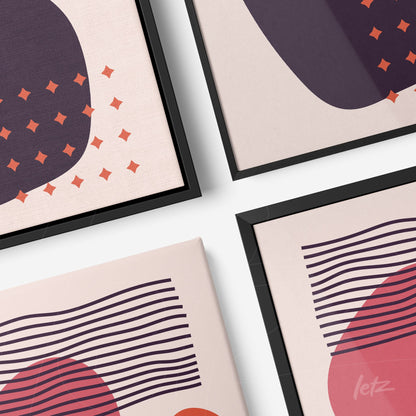 composition of four canvas prints featuring abstract geometric art, light beige background and wavy black lines