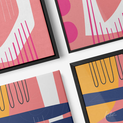 conjunto de quadros boho com cores modernas em molduras pretas, exibindo padrões abstratos em tons vibrantes de rosa, amarelo e azul