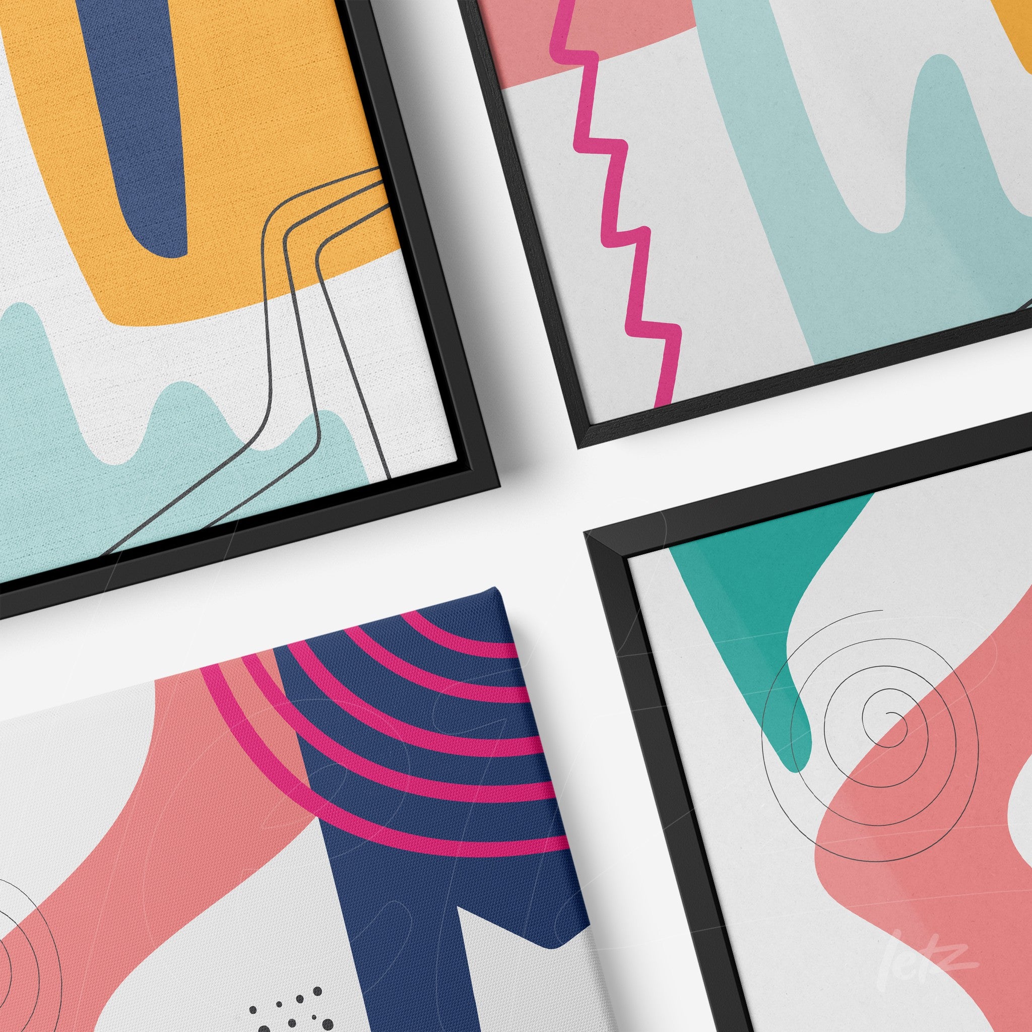 composição com estilos geométricos e abstratos em molduras pretas sobre fundo branco