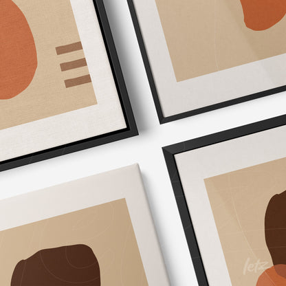 composition of abstract artworks with black frames and canvas, featuring geometric shapes in earthy tones on a beige background