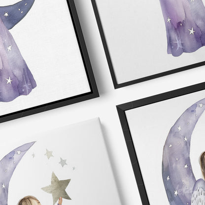 set of decorative wall art featuring illustrations of children, one with a girl holding a star against a lilac background, another depicting a crescent moon in shades of blue and gray