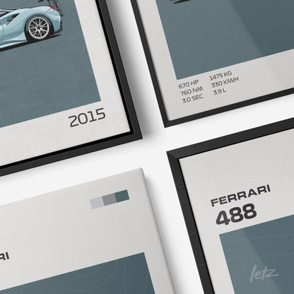 collection of framed wall art featuring illustrations of Ferrari 488 highlighting technical details and automotive design