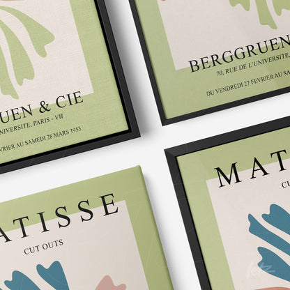 collection of framed wall art inspired by Matisse with soft colors, featuring black frame and light green background