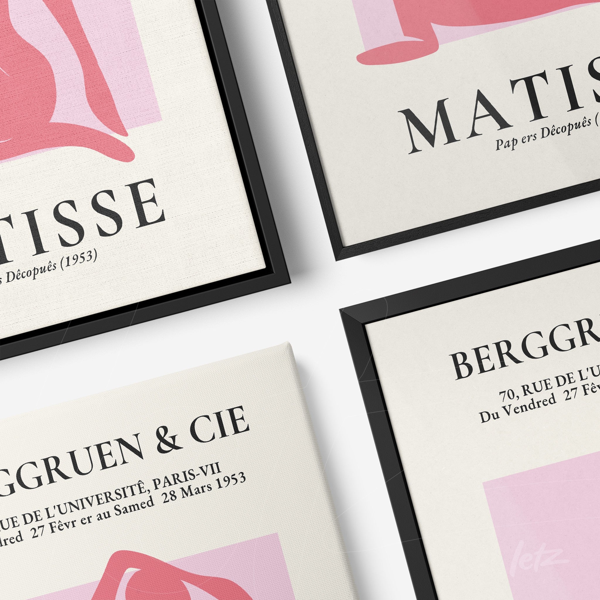 collection of modern art framed in black showcasing works by Matisse and Berggruen & Cie featuring abstract shapes and soft colors on a light background