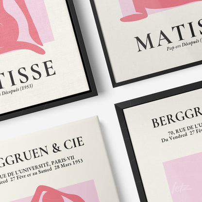 collection of modern art framed in black showcasing works by Matisse and Berggruen & Cie featuring abstract shapes and soft colors on a light background